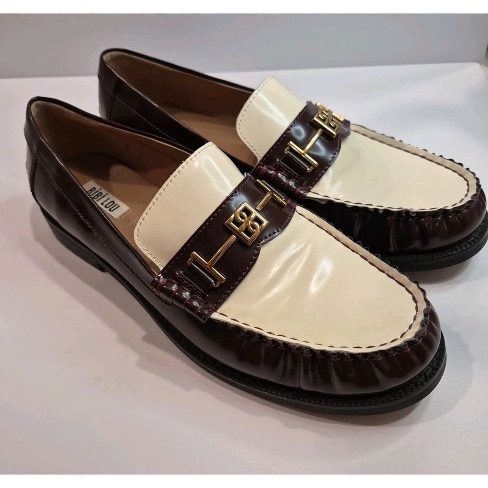 Anthropologie BIBI LOU Classic Leather Loafer Shoes Burgundy White Sz 41 (US 10)